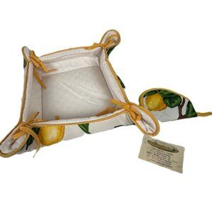 Cloth Bread Basket & Hand Mitt 14" x 14" Lemon Yellow Green Made in Italy